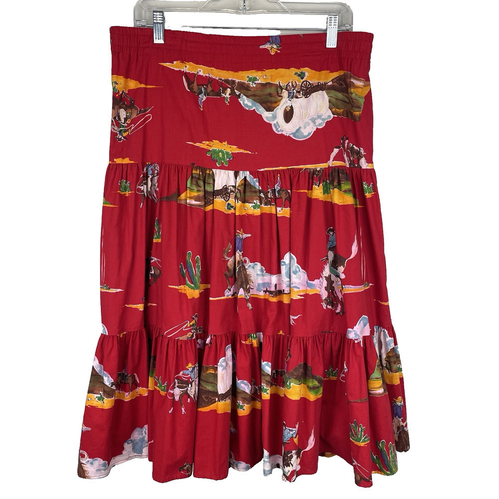 Vintage Western Tiered Midi Skirt Size Medium Red Cowboy Covered Wagon Rodeo Usa